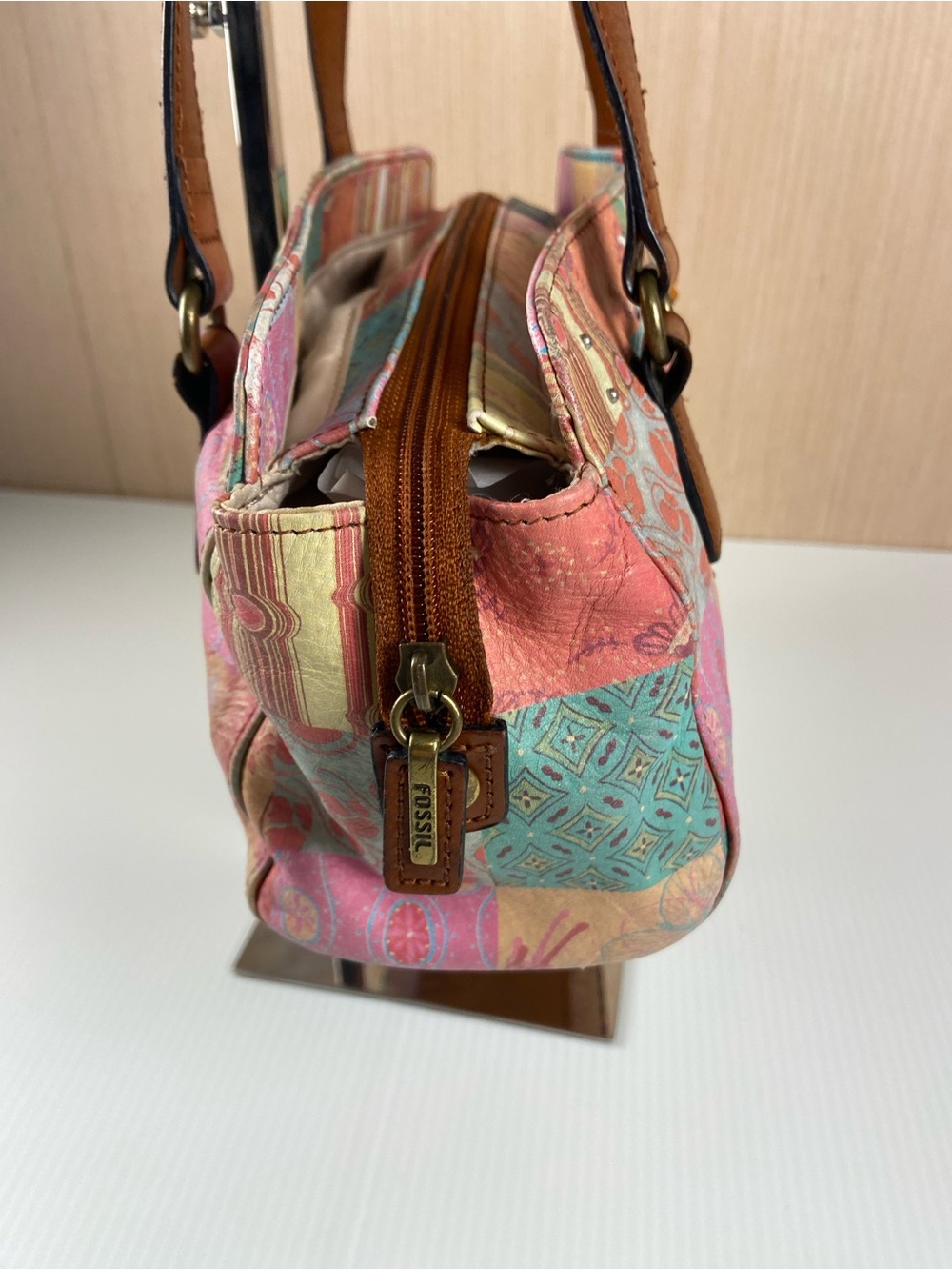 Fossil Genuine Leather Patchwork Print Shoulder Bag Boho Y2K Purse - Picture 2 of 10